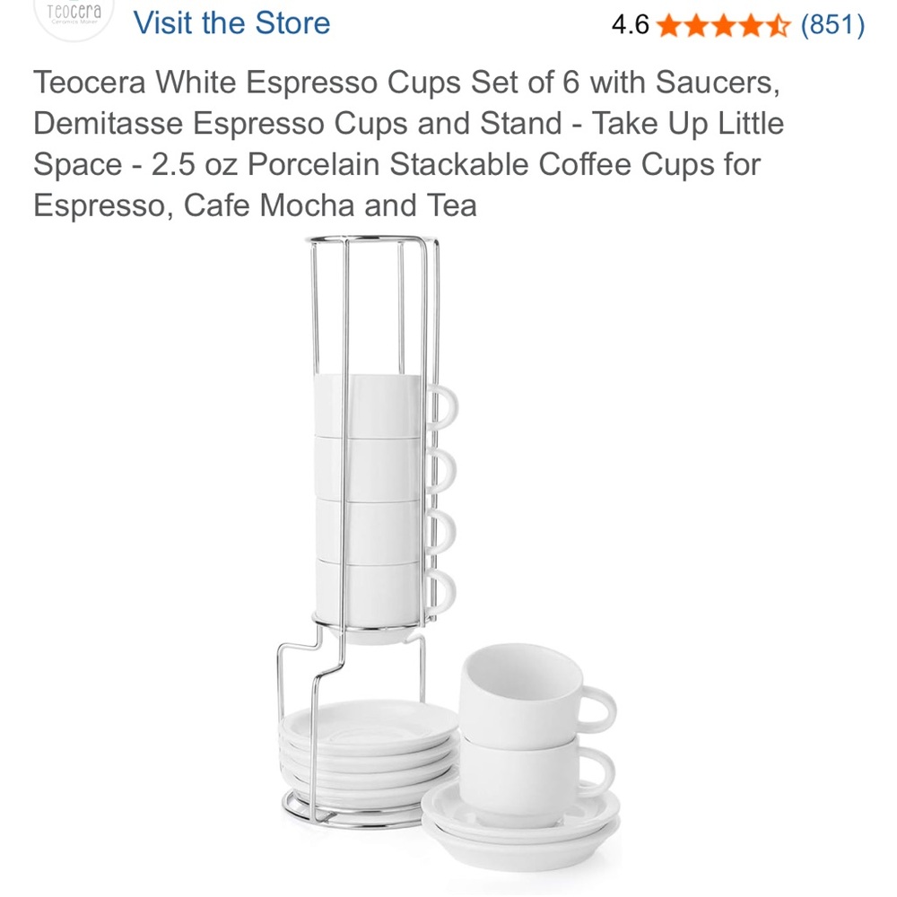 Teocera White Espresso Cups Set of 6 with Saucers, and Stand, 2.5 oz